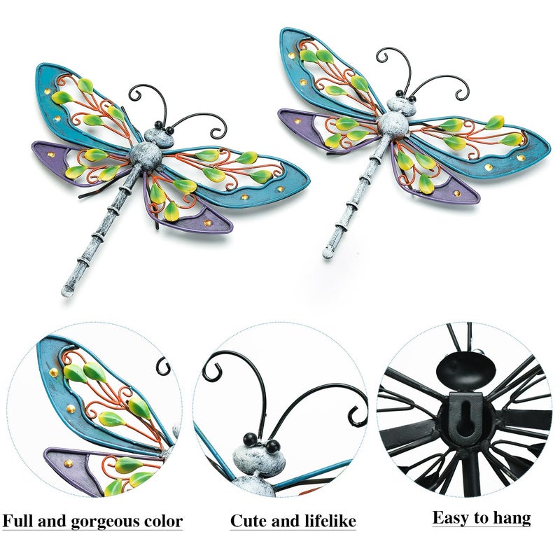 Sungmor Metal Dragonfly Wall Decor, 2PC Colorful Painted Garden Metal Art Decorations, Outdoor Hanging Metal Wall Art, Lovely Dragonfly Sculpture Wall Decoration for Home Yard Patio Garden Fence - Image 5